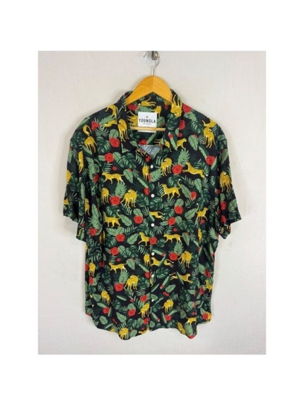 YoungLA Mens XXL Black Leopard Rose Jungle Print Viscose Short Sleeve Button Up